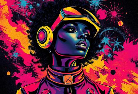 avant-garde black spacewoman , vibrant color palette,  bold graphics
