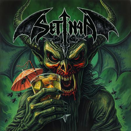 Grotesque, chaotic Stoner Doom metal album cover featuring a black metal logo over Satans's face, inspired by the dark, gothic style of Derek Riggs and the eerie, supernatural atmosphere of Zdzisław Beksiński. Satan's face is contorted in a mixture of ecstasy and admiration as he cradles a delicious umbrella drink attracting flies. The green color scheme is reminiscent of decay and despair, with death metal vibes and a hint of grime and filth, evoking the style of brutal, old-school death metal album covers, similar to those created by artist Chris Reifert, with a dash of the dark, unsettling aesthetic of Ed Repka, color overlay, green glow, ghastly and frightening, low contrast