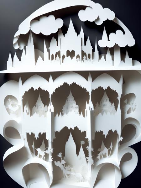 <lora:KIRIGAMI:1>KIRIGAMI style kirigami white castle on a giant paper kirigami cloud, symmetrical, complex kirigami castle, black background