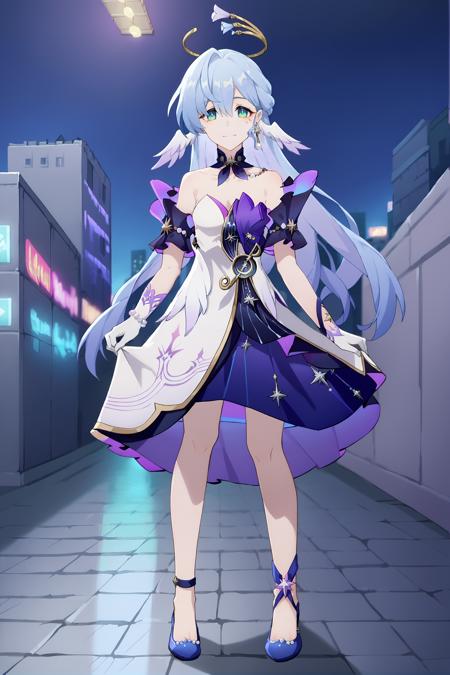 robin \(honkai: star rail\) sleeveless dress, halo, white gloves, earrings, detached sleeves, detached collar, head wings, blue pumps