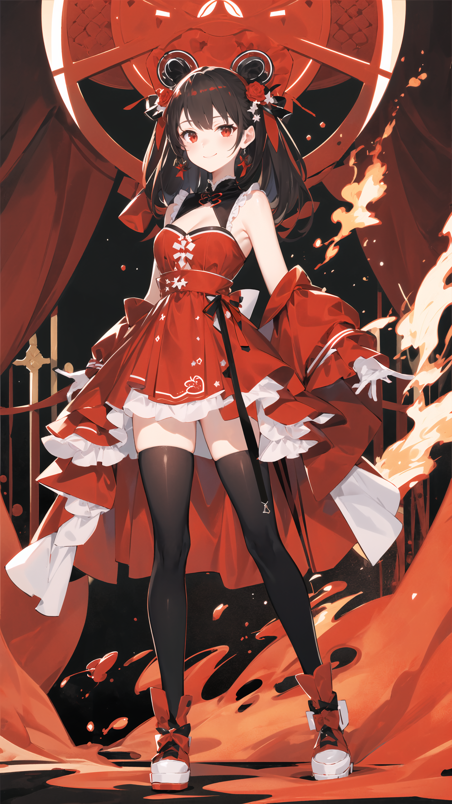 masterpiece, best quality, 1girl, solo, light smile, fire, red theme, alternate costume, <lora:animetarotV41:1>