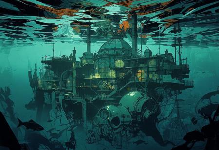 We are underwater, with exceptional visibility. From a great height, we observe a massive cliff plunging into the abyss. A vast underwater research station, almost a futuristic city and a mining extraction facility at the same time, stands at the edge of the abyss.
The station’s architecture is sleek and harmonious, made of glass and steel. A grand building with a colossal glass dome towers over numerous other structures, many of which also have small domes or cupolas. Multiple platforms house residential and research facilities, with scattered lights illuminating the underwater station and antennas spread throughout.
Numerous air bubbles rise from the station, drifting towards the surface. In the foreground, additional research domes, pipelines, conduits, and enormous underwater mining machines add to the station’s industrial activity. The water is crystal clear, allowing for an extensive view of various fish swimming in the distance.