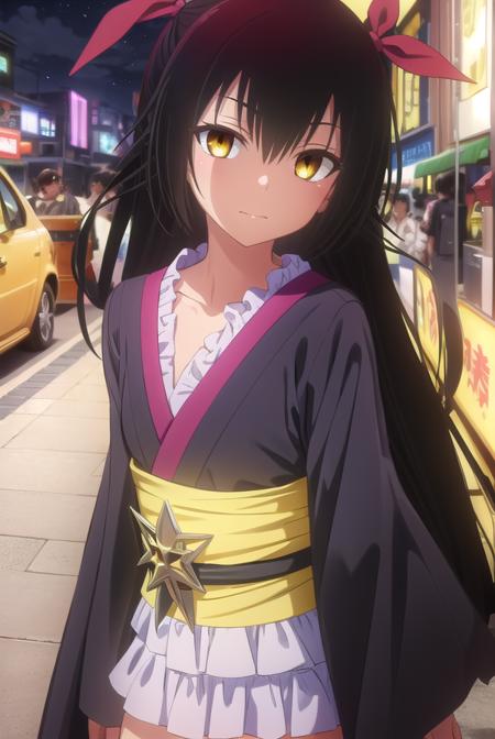 nemesis, long hair, black hair, ribbon, twintails, hair ribbon, (yellow eyes:1.5), dark skin, dark-skinned female, japanese clothes, kimono, obi, wagashi, long sleeves, wide sleeves,