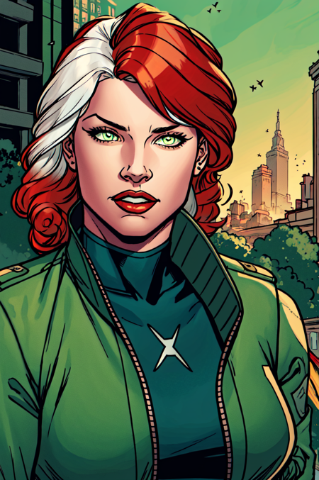 masterpiece, best quality, 1girl, red lips, solo, bomber jacket, green eyes, green and yellow body suit, curly hair, multicolored hair, white hair, red hair, auburn hair, two-tone hair,ombre , Rogue of the X-men, Anna Lebeau, bangs,  side lighting, skiny skin, portrait, superhero,best illustration, city background,