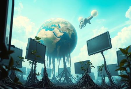 A planet  surrounded by large screens, held up by plants roots.  a sky with  a alien creature in space.