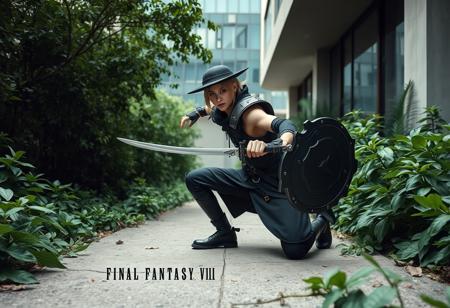 A dynamic photorealistic portrait of a cosplayer embodying a "Final Fantasy VII" character. Dressed in a stark black and white outfit and black hat, the figure kneels on a rough concrete path amidst abundant green foliage. A sword is gripped in the right hand, a shield held ready in the left, in a tense, battle-ready stance. An urban structure with a reflective glass window looms in the background. The scene captures a moment of impending adventure with dramatic lighting. High-res, 4K, Exceptional Quality, More Detail, Lifelike Details, Super Detailed Face and Eyes and Clothes, Handcrafted with Precision, High Quality, Stunning Colors, Harmonious Colors, Multi Colored, Contemporary Aesthetics, Impeccable Composition, Creative Angle, Attractive Background, Balanced Editing, Intentional Focus, Well-timed Moment, Dynamic Action Pose, Captivating Lighting, Octane Render, Unreal Engine 5, Vivid Emotions, Beautiful Detailed Eyes, CGSociety, Artstation Trending on ArtstationHQ, Golden Ratio.
