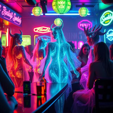 2025-04-10 23:25:32
Prompt
A vivid, cinematic strip club scene, illuminated by the pulsating neon lights that cast an ethereal glow on the bioluminescent patrons. In the center of this vibrant tableau, a stunning 32k masterpiece unfolds in a series of manga panels, each depicting a unique transformation sequence of five female Archaea and 1 Bioluminescence translucent male Kaiju. The females, with their translucent bodies revealing intricate bioluminescent veins, wear shimmering glass-like robes that seem to shatter and reassemble as they dance, each movement creating mesmerizing patterns of light. Sitting at the bar talking,
Negative Prompt
White skin, white people skin ton,
Model
Aitubo Waifu v2
Style
None
LoRA
SDXL Dragon Style
Image Dimension
832 x 1216
Seed
1491587265087659
Prompt Enhance
Off
Performance
Balance