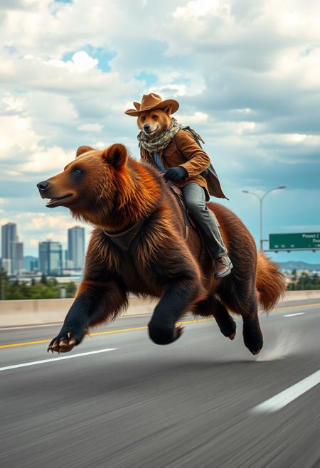 An anthro fox cowboy is riding a running grizzly bear on the interstate. A cityscape is visible in the background. It is summer midday and the sky is cloudy with a beautiful gradient of blue., atmospheric, cinematic, realistic, high contrast