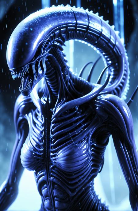 An ultra-detailed cinematic close-up of a terrifying Xenomorph Queen, her sleek, biomechanical exoskeleton encased in jagged, otherworldly ice. Cracks form along the translucent prison, revealing a deadly, pulsing bio-organic glow within. Her elongated skull is partially illuminated by refracted light, casting eerie blue and purple hues through the frozen layers. Tiny metallic filaments snake across her limbs, blending the organic horror with cybernetic enhancement. The scene is bathed in chilling mist, with frost particles catching the glow of distant alien moons. Hyper-realistic, atmospheric horror with sci-fi undertones.
