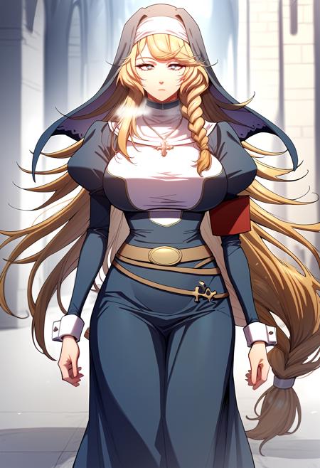 long hair, nun, blonde hair, habit, bangs, single braid, blue eyes, mole under eye, very long hair, cross necklace jewelry, puffy sleeves, juliet sleeves, long sleeves, belt