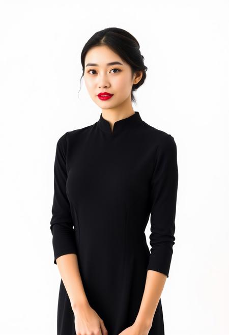 portrait of Chinese photographer Zhang Jingna, wearing a black dress and red lipstick with an elegant face against a white background. A flat, high definition
