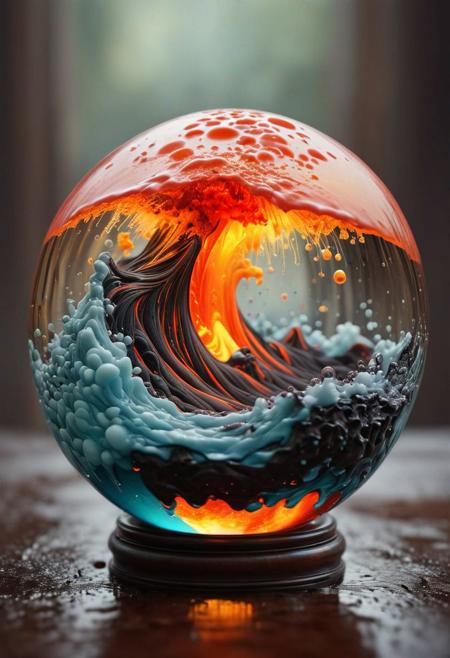 ultradetailed ultrarealistic, of a lava avalanche in a glass sphere, a perfect photography by Mark Mann and Ashraful Arefin ,muted wet colors, intricate artwork masterpiece <lora:hyperkraximalism_v1-1:0.25>
