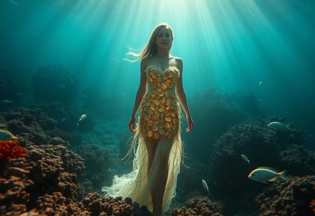 A serene image of a woman standing inside a coral reef, wearing a dress made of intertwining shells and coral branches. Her outfit glows softly in the dim underwater light, and small fish swim around her. The water is clear, and rays of sunlight filter down through the surface, illuminating her figure in an ethereal glow.