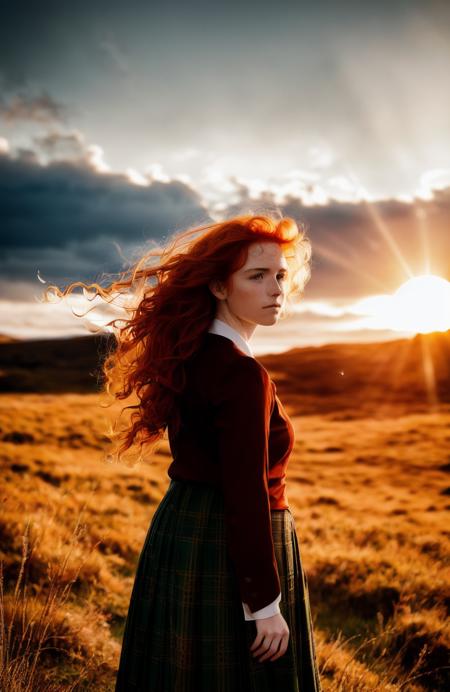 award winning photo of a beautiful woman, Style-Kilt,  iphone 1 3 camera with flash on in the background and big round sun from behind by Annie Leibovitz. red hair is blowing around her face like fireflies that are flying out to sea under dramatic clouds at sunset golden hour closeup macro lens bokeh f/2 aperture shot hdr 8k high definition