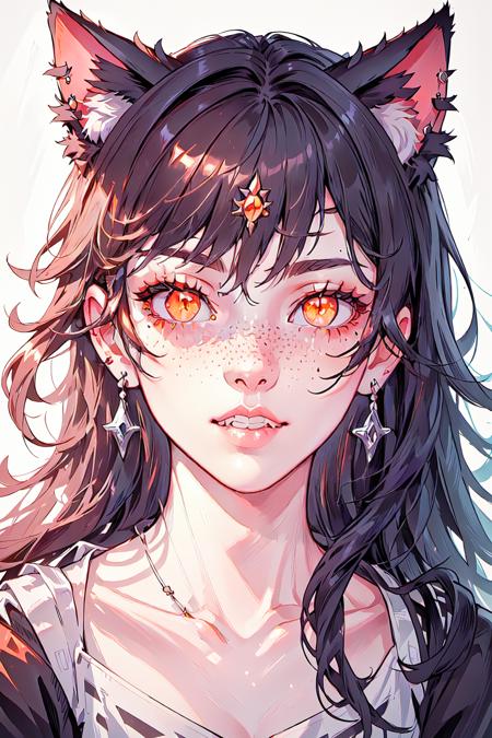 Photorealism Style,  cat ears,  freckles,  realistic,  simple background,  portrait,  collarbone,  jewelry,  orange eyes,  eyelashes,  parted lips,  slit pupils,  solo,  teeth,  grey background,  brown eyes,  black hair,  1girl,  looking at viewer,  brown hair,  lips,  hair ornament,  long hair,  earrings,  animal ears,  realistic, <lora:EMS-49351-EMS:0.800000>