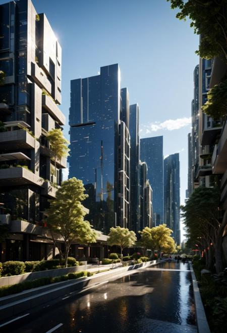 (((Modern style architecture, housing, luxury residence))),
outdoors, sky, tree, blue sky, no humans, ground vehicle, building, scenery, reflection, city, cityscape, bare tree, skyscraper, real world location,
(Large Files, Ultra Realistic, 8K, 16k, FHD, HD, VFX, Perfect, Photography, composition, Architecture Sales Photography, Architecture Competition, Ultra High Resolution, Cinematography, High Resolution Image:1.1), (dramatic lighting, direct sunlight, ray tracing, clear shadow:1.2), (real landscape:1.1), (blurred background:1.0), (urban background, more_details)  
(avant-garde, future, reality, science fiction, photorealistic), (modern architecture:1.2), White limestone with black granite, fountain, waterfall, landmark, square, path, narrow street,
(Large Files, Ultra Realistic, 8K, 16k, FHD, HD, VFX, Perfect, Photography, composition, Architecture Sales Photography, Architecture Competition, Ultra High Resolution, Cinematography, High Resolution Image:1.1), (dramatic lighting, direct sunlight, ray tracing, clear shadow:1.2),  (real landscape:1.1), (blurred background:1.0), (urban background, more_details) ,
great lighting, extremely detailed, clear, SteamPunk, futuresurban