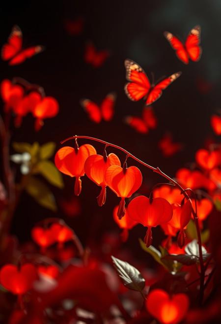 Vibrant orange Bleeding Hearts flowers and glowing red butterflies dance against a pitch-black background in this cinematic masterpiece. Shot in stunning 4K with ray tracing and intricate details, the scene is bathed in dramatic light with a shallow depth of field, emphasizing the hyper-realistic blooms. Cinemascope framing and film grain add to the high-budget aesthetic, while bokeh highlights the surreal, painterly quality. The result is an otherworldly Editorial Photo worthy of 8K RAW.