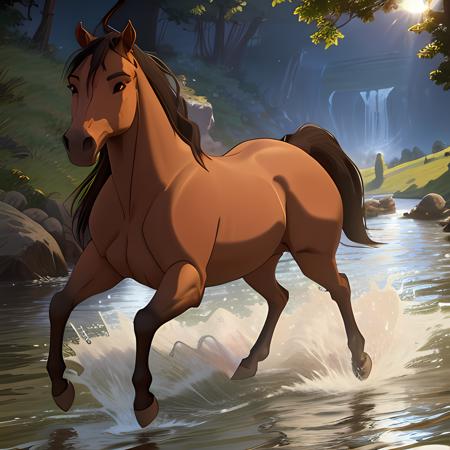 1horse, buckskin coloured horse with a black mane without white spots with a dark brown nose, a black tail, and brown eyes, running, (sun shining), in the river, Soft Lighting, 8k, photorealistic, UHD, HDR, sideview, view from the side, (best quality, masterpiece), ((four legs:1.4)), spirit2002, one head, <lora:spirit2002:0.45>