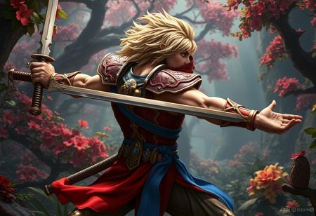 Litmus Doom Swordsman, Masters of the Universe, dynamic action pose, arms outstretched, poised for battle, in a vibrant Lost Forest background, rich floral detail. Iconic red and gold armor, blue belt, messy blonde hair, fierce expression, facing right, striking composition. Captivating lighting. Fantasy illustration, trending on ArtstationHQ, CGSociety, 4K, hyperdetailed, cinematic, Unreal Engine 5, Octane Render, beautiful matte painting, splash ink elements, Raphael & Houdini influence, dramatic colors, golden ratio.