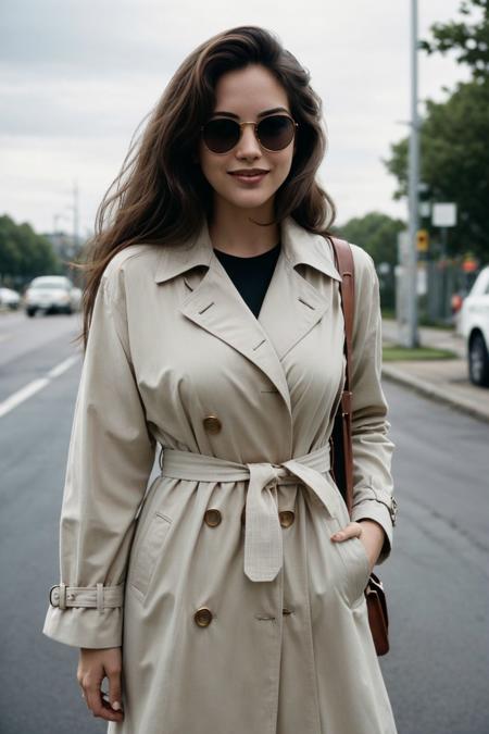 (masterpiece, best quality:1.3), modernist photo of gabriellahall, sunglasses, trenchcoat, standing in a street, smiling at viewer, 50mm lens, ARRI ALEXA 65  <lora:GabriellaHallv2:0.95>