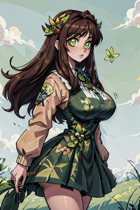 bust up, portrait,  sua, long hair, green eyes, brown hair, very long hair, large breasts, green dress, hair ornament,  grasslands background,<lora:SuaERLora2-02:0.8>