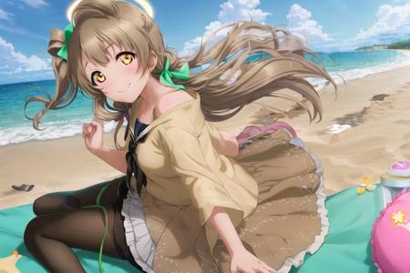 minami_kotori, 1girl, solo, <lora:minami_kotori_v3:0.8> (masterpiece),(best quality), (absurdres),(highres:1.1), outdoors, ocean, beach, horizon, cloudy sky, ((1girl)), hifumi \(blue archive\), (solo), sitting, (panties under pantyhose), white panties, looking at viewer, school uniform, pleated skirt, (halo), low twintails, collarbone, light brown hair, yellow eyes, (black pantyhose:1.2), light smile, blush