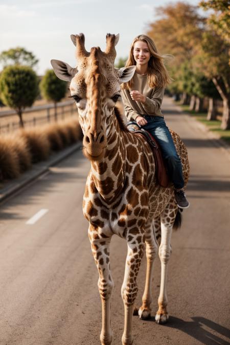 full body,photo of a 18 year old girl,riding on a giraffe,running,happy,looking at viewer,ray tracing,detail shadow,shot on Fujifilm X-T4,85mm f1.2,sharp focus,depth of field,blurry background,bokeh,lens flare,motion blur,<lora:add_detail:1>,