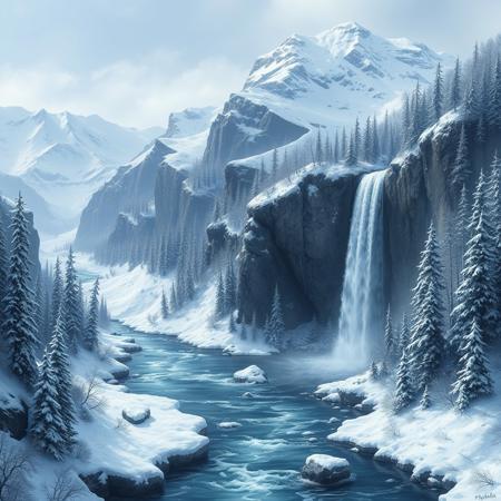 Medieval, D&D, contrast, a snowy mountain range, a half frozen waterfall, a fast flowing river and snowy forests
