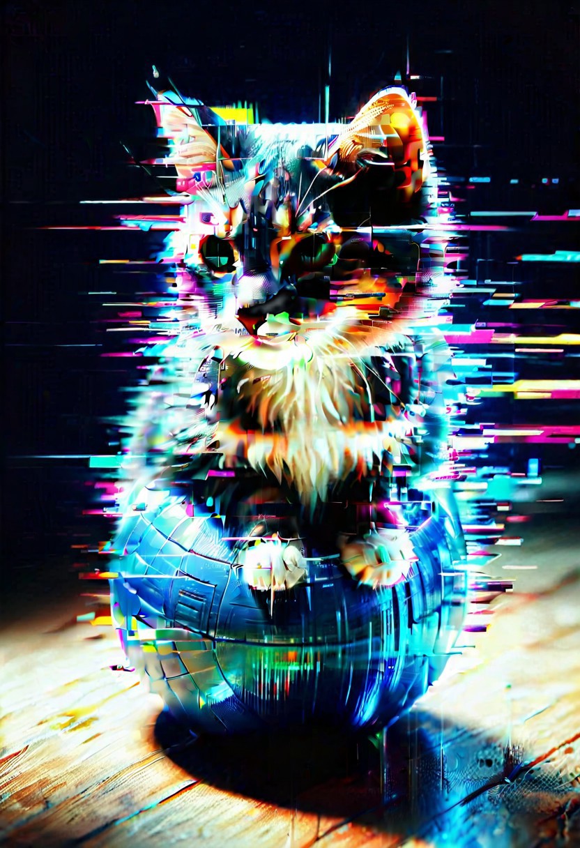 Ultrarealistic. sharp focus, dynamic lighting. play of light, reflection, refraction, Raytracing, Ultra detailed. A cute kitten made of glitch on top of a ball, glitch style, digital, flickering