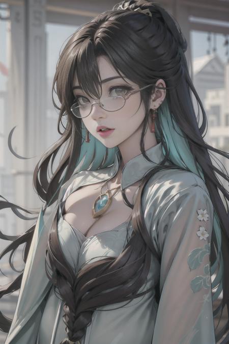 genshin_impact,Cloud Retainer,liuyunjiefeng, liuyunjiefeng_(genshin_impact),
a woman with long hair and a white dress holding a cigarette in her hand and a flower in her hair, 1girl,solo, glasses, hair_over_one_eye, earrings, flower, breasts, long_hair, green_eyes, dress, solo, chinese_clothes, black-framed_eyewear, jewelry, very_long_hair, looking_at_viewer, china_dress, long_sleeves, wide_sleeves, holding,light