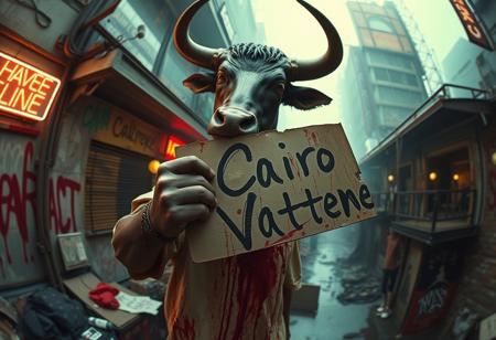 In a dystopian nightmare, a humanized bull stands at the center of chaos, clutching a battered sign scrawled with “Cairo Vattene” in jagged, uneven strokes. Its fairytale charm is warped into something raw and unsettling—blood smears its trembling hands and streaks its face, a haunting testament to survival in a collapsing world. The exaggerated distortion of a Panavision Prime Cine Optics 12mm fisheye lens amplifies its presence, trapping it in a warped reality that feels ready to shatter.
The background is a pulsating hellscape of urban decay: neon lights flicker against crumbling concrete, splatters of blood streak the air like grotesque graffiti, and twisted slogans writhe on walls like living tattoos. Distant sirens merge with distorted, bass-heavy noise, creating a suffocating auditory haze. The bull’s shirt, ragged and soaked, bears the faint remnants of a spray-painted Red Bull logo, smeared and ghostly—an echo of a broken capitalist dream.
Every detail vibrates with tension. The bull’s chest heaves, its human-like eyes flickering between desperation and defiance. The ground beneath it cracks as if the world itself might collapse under the weight of its presence. Both hero and antihero, the bull exudes a raw, unyielding energy, a figure of rebellion and tragedy caught in the crossfire of revolution and ruin. The scene thrums with uncertainty, a visceral blend of violence, humanity, and chaotic thrill.