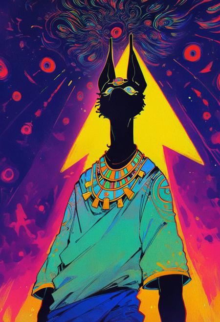 score_9, score_8_up, score_7_up, Ancient Egyptian god with jackal head, anthro, dark green skin, heavy necklace, Egyptian clothes, holding up a spear in front of a churning cosmos, psychedelic occult signs and runes, exaggerated, skinny, radiating power,
from below, dutch angle, exaggerated,