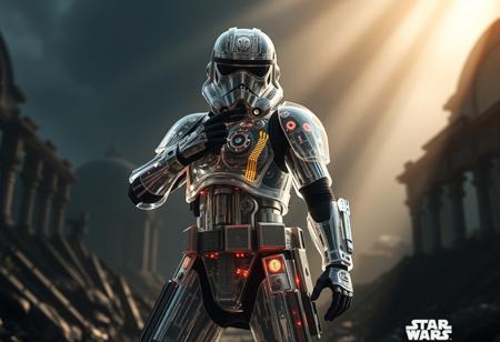 Ultra-detailed 4K rendering: Translucent Chrono-Patrol Trooper (Star Wars stormtrooper concept) made of crystalline metal, revealing intricate internal mechanisms. Dynamic action pose, poised for combat. Set against a World Legacy in Shadow background, ruined ancient landscape, deep atmospheric shadows. Dramatic cinematic backlighting, ethereal light shafts, vibrant spectral highlights. Octane Render, Unreal Engine 5, hyperrealistic, intricate, golden ratio composition, creative low angle, masterpiece, trending on ArtstationHQ, CGSociety.