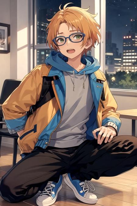 <lora:MakotoES-07:0.7>,makotoes, looking at viewer, open mouth, shirt, sitting, jacket, open clothes, shoes, glasses, teeth, pants, indoors, hood, orange hair, open jacket, window, hoodie, night, black pants, sneakers, grey shirt, light particles