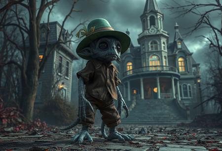 "A surreal concept art scene featuring Doll Monster Miss Mädchen, a gray creature with a green hat, standing on all fours in a brown shirt and pants. Set against the eerie backdrop of the Mansion of the Dreadful Dolls, the vibrant contrast between the gray figure and the mansion creates a haunting atmosphere. The composition is meticulously detailed, with sharp lines, stunning colors, and impeccable balance. Rendered in hyper-realistic 3D with Octane Render, the scene showcases lifelike details, captivating lighting, and harmonious tones. Inspired by contemporary aesthetics and Grammer Effect Style, the image conveys vivid emotions and a powerful message. Trending on ArtStation, 4K, ultra-detailed, and impeccably composed."