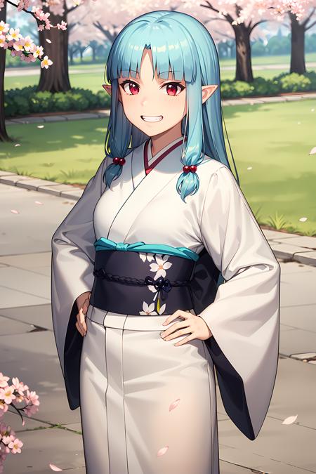 best quality, masterpiece, detailed,
<lora:Tsugumomo_Kiriha:0.8>, Kiriha,
1girl, open mouth, (grin:1.2),
aqua hair, red eyes, long hair, hair beads, blunt bangs, parted bangs, pointy ears,
KirihaKimono, japanese clothes, white kimono, (aqua obi:1.2), floral print,
standing, hands on own hips, looking at viewer,
outdoors, (cherry blossoms:1.2), petals, (falling petals:1.2)