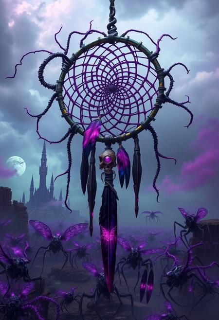 In a biomechanical nightmare, a dreamcatcher writhes, its web a mesh of sinew, tarnished metal, and pulsating veins. Vivid purples intertwine with deep blues and toxic greens, emanating an otherworldly miasma. The web's tendrils undulate like alien appendages, throbbing with parasitic life.
Ossified feathers dangle, shifting between bone and violet metal, refracting unsettling light. The ring fuses nightmarish forms—decaying matter melded with iridescent steel, etched with eldritch symbols that writhe.
Behind, a landscape of horror unfolds. Spires of bone and metal pierce the sky like skeletal fingers. Writhing tendrils, part flesh, part machinery, slither through stagnant air. Vivid purples dominate, flashes of neon green and electric blue cast a sickly glow.
The midground crawls with abominable hybrids. Some skitter on insectoid limbs of calcified tissue and gears, exoskeletons a fusion of chitin and circuitry. Others ooze through crevices, serpentine bodies of alloy and muscle, pistons meshed with gangrenous sinew. Lidless eyes, glowing violet, survey the hellscape.
Organic and inorganic merge in unholy symbiosis. Cyborg-beasts lumber on hydraulic limbs, skin revealing whirring gears and pulsing organs. Entities with serrated metal wings flit silently. The ground writhes with microscopic horrors, consuming the terrain.
At the center, the dreamcatcher throbs, harvesting tormented souls, each a spark of anguish in this biomechanical hell.