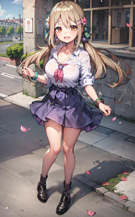 futaba kayano \(denonbu\), (best quality, 8K, masterpiece, ultra detailed:1.2),
1girl, solo, shiny skin, shadow, cinematic lighting, detailed background, wide shot,
clear sky, blue sky, day, dappled sunlight, wind, outdoors, full body,
street, petals,
white bra, shirt, collarbone, earrings, bracelet, hair flower, neckerchief, wedding ring