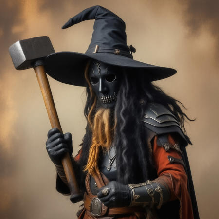 masked warrior-witch holding a sledgehammer