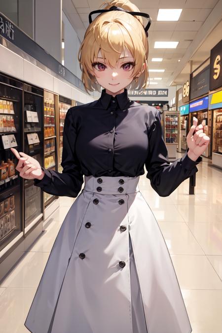 masterpiece, best quality, absurdres, perfect anatomy, 1girl, solo, AndouTazusa, short hair, ponytail, hair ribbon, high-waist skirt, long skirt, white skirt, black shirt, long sleeves, smile, standing, indoors, shopping mall, <lora:AndouTazusa:0.8>