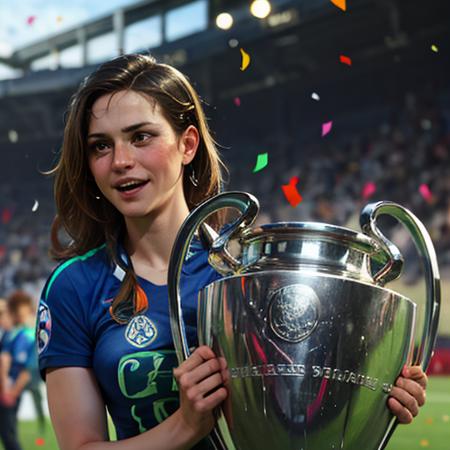 <lora:championsleague:0.75>, a woman with soccer jersey is holding a handled trophy in her hands on a field of grass with a crowd watching from the stands, (confetti:1.3)