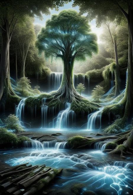 tree floating in the air with a waterfall falling from its roots. Bioluminescence water drop shaped leaves in cumulus clouds