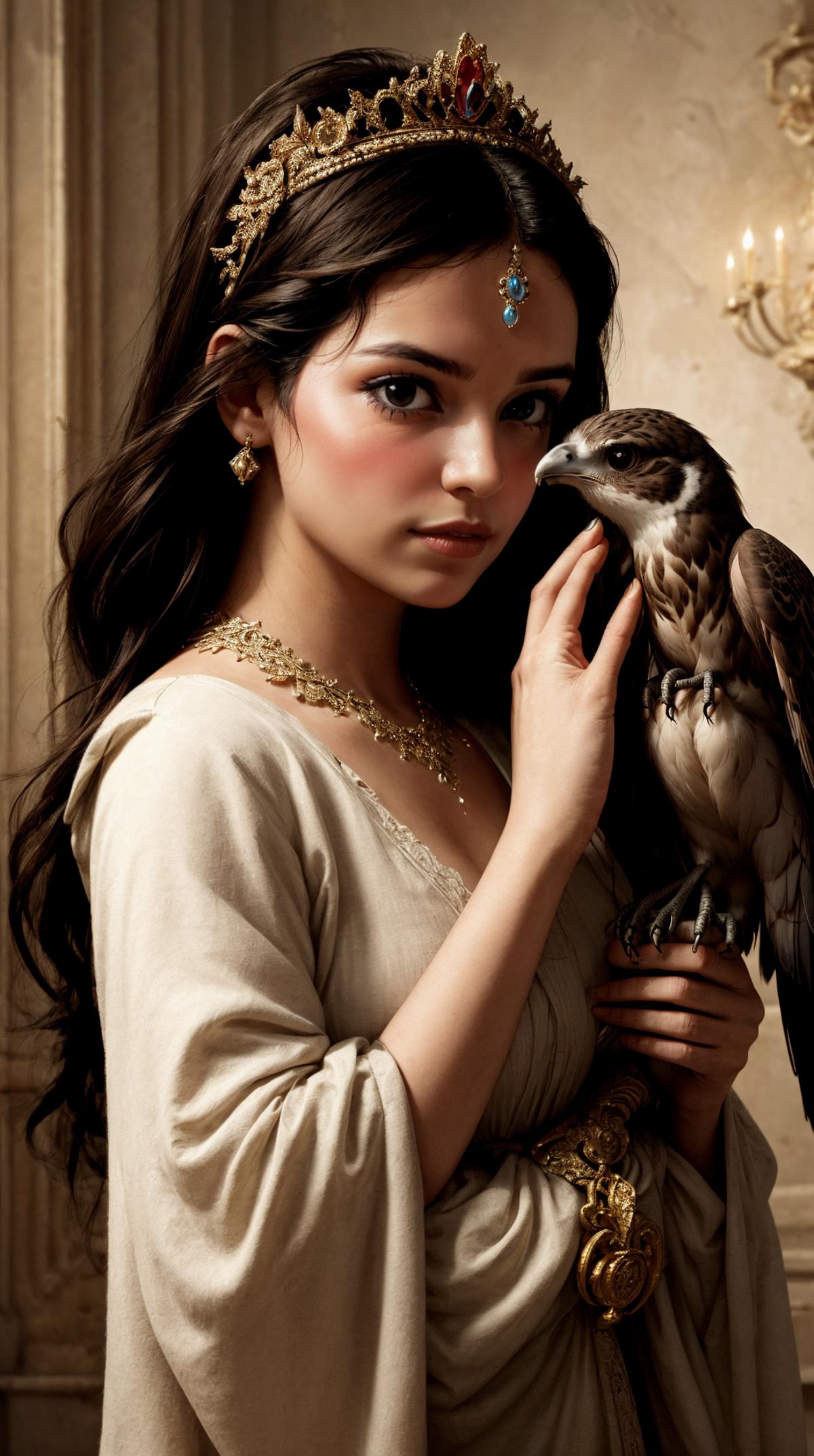 A woman in a white dress holding a bird of prey, possibly an eagle, with a gold necklace around her neck.
