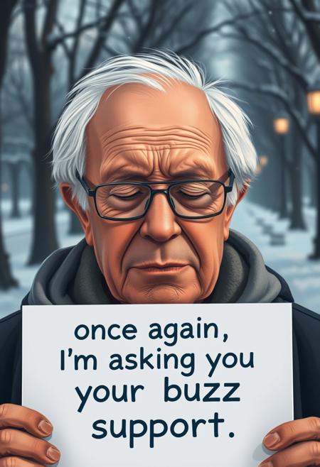 1man, bernie sanders with a sign with text "once again i'm asking for your buzz support", solo, bold hair, expressive eyes, detailed old skin,
detailed face, perfect face, closed eyes, short bald hair, talking, grey hair, glasses, grey hood clothes,park on winter,
illustration, perfect composition, dramatic lighting, film grain, highly dramatic background, cinematic film still,
very aesthetic, (intricate details, (incredibly detailed), high detail, ultra-detailed), (hyperdetailed), (soft focus:1.1),
absurdres, (hires textures), (4k), (masterpiece, best quality)