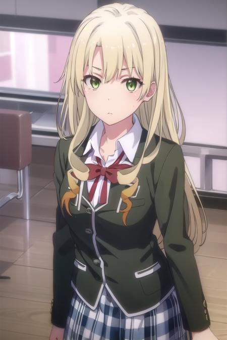 yumikomiura, <lora:yumiko miura s2s3-lora-nochekaiser:1>, 
yumiko miura, long hair, blonde hair, (green eyes:1.3), drill hair,
BREAK skirt, ribbon, school uniform, jacket, black jacket, plaid, plaid skirt, blazer, sobu high school uniform,
BREAK indoors, classroom,
BREAK looking at viewer, (cowboy shot:1.5),
BREAK <lyco:GoodHands-beta2:1>, (masterpiece:1.2), best quality, high resolution, unity 8k wallpaper, (illustration:0.8), (beautiful detailed eyes:1.6), extremely detailed face, perfect lighting, extremely detailed CG, (perfect hands, perfect anatomy),