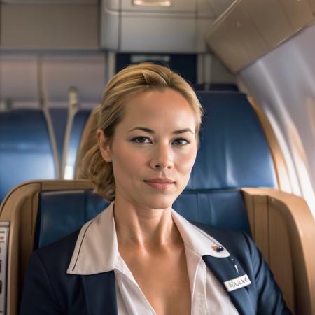 <lora:mariabello_sdxl:1> mariabello,   a beautiful woman, beautiful bone structure,upper body, flight attendant, Air France, KLM, British Airways, bold scarf, first class cabin, Boeing, sunrise,  beautiful bone structure, 4k textures, soft cinematic light, adobe lightroom, photolab, hdr, intricate, elegant, highly detailed, sharp focus, ((((cinematic look)))), soothing tones, insane details, intricate details, hyperdetailed, low contrast, soft cinematic light, exposure blend, hdr,