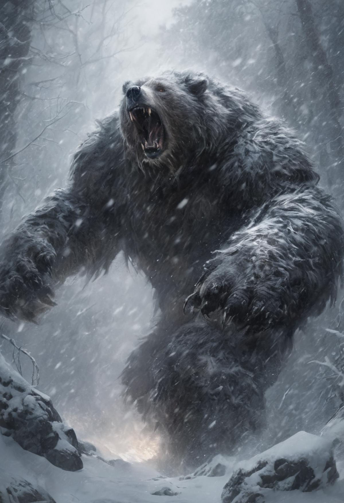 A roaring, snow-covered bear in the woods.