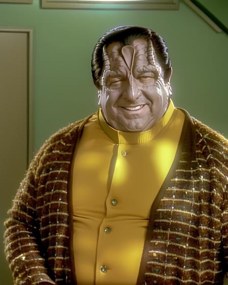 cardassian, male, enabran, grey skin, black slicked back hair, reptile scales on sides of neck, overweight, wearing brown and green cardigan with brown vest and yellow turtleneck, slight smile, medium shot, photograph, paul dooley, <lora:cardassian_lora:0.8>