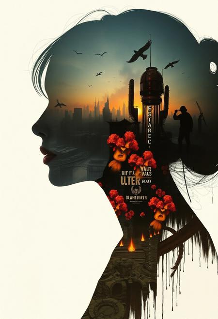Abstract style dystopian future with elements of an apocalyptic war inside the silhouette of a womans head that is a double exposure photograph . Non-representational, colours and shapes, expression of feelings, imaginative, highly detailed