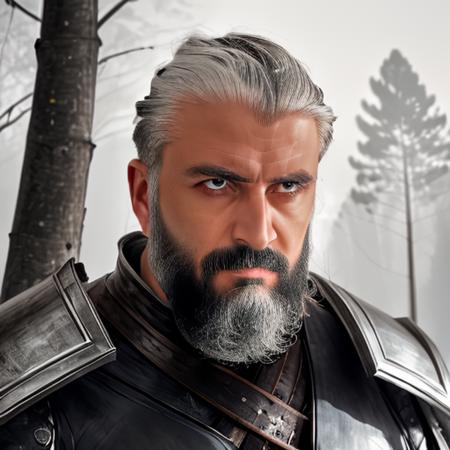 (((smhcgty))), (((hyperrealistic face))), award winning waist up photo of a fantasy warrior, wearing torn black leather armor, tarnished and scratched silver pauldrons, worn leather gloves, bright blue eyes, dense forest in background, dark, ominous, foggy, high contrast, shiny skin, soft lighting, backlighting, bloom, light sparkles, chromatic aberration, sharp focus